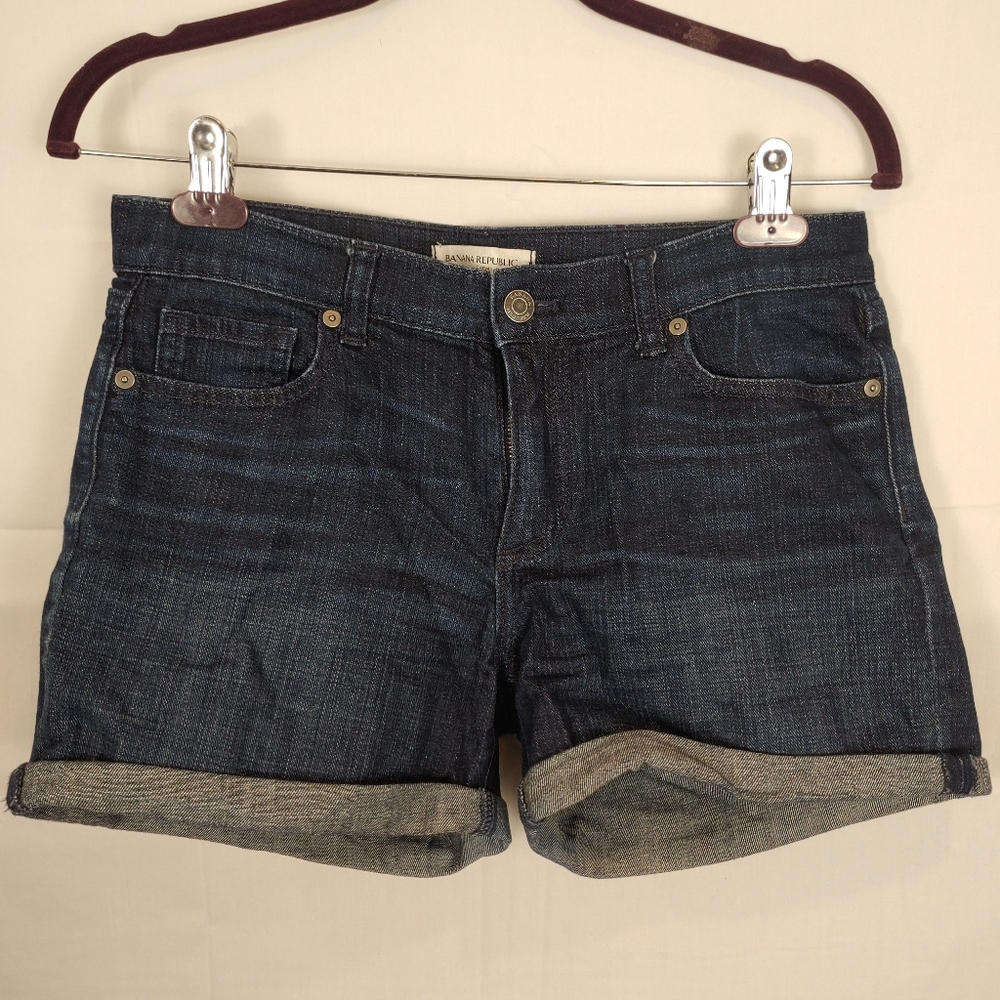 Banana Republic Premium Denium Blue Dark Wash Jean Roll-up Shorts Stretch Sz 26